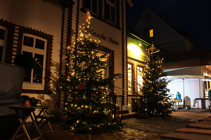 Weihnachtsbäume vorm Wünsche Haus