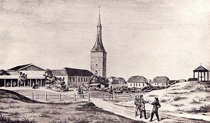 Alt-Wangeroog von der Düne links von der Einfahrt aus